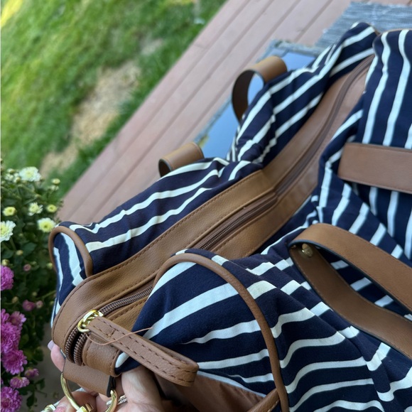 Madden Girl Navy and White Striped Tote with Brown Trim - Picture 13 of 16